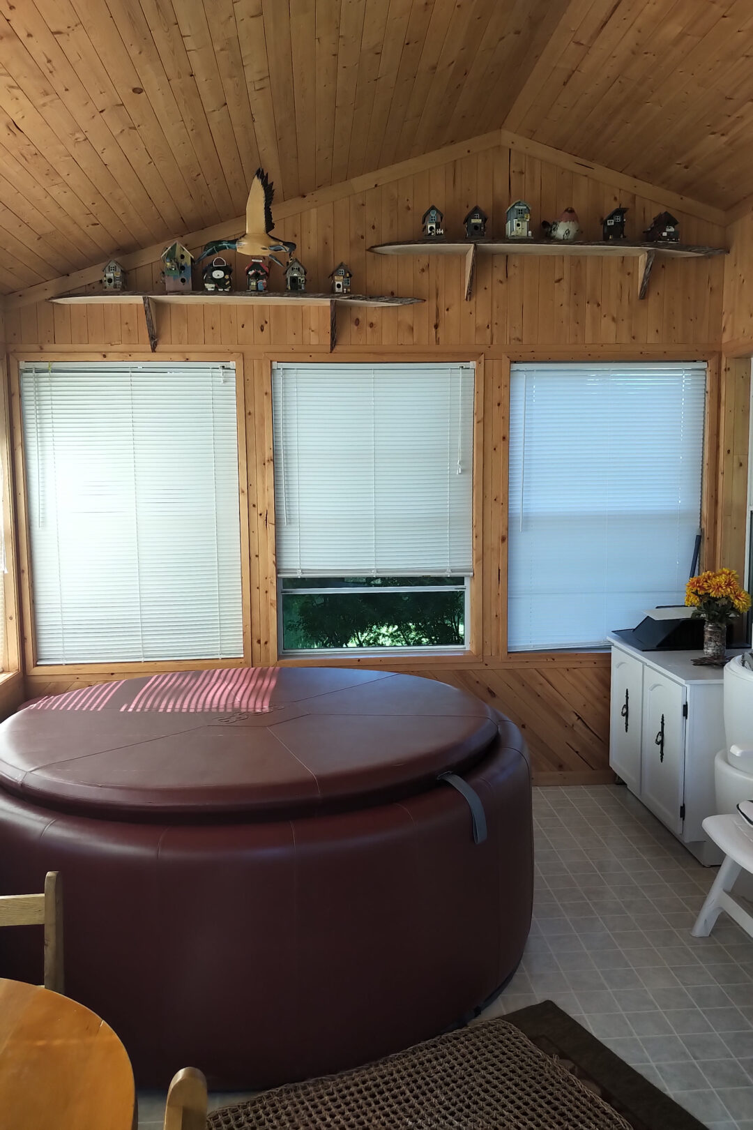 A soft hot tub inside a tiny house sits beside a wall of windows.