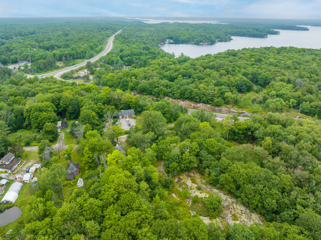 Overhead view of a rural area with lots of green trees and a lake.
