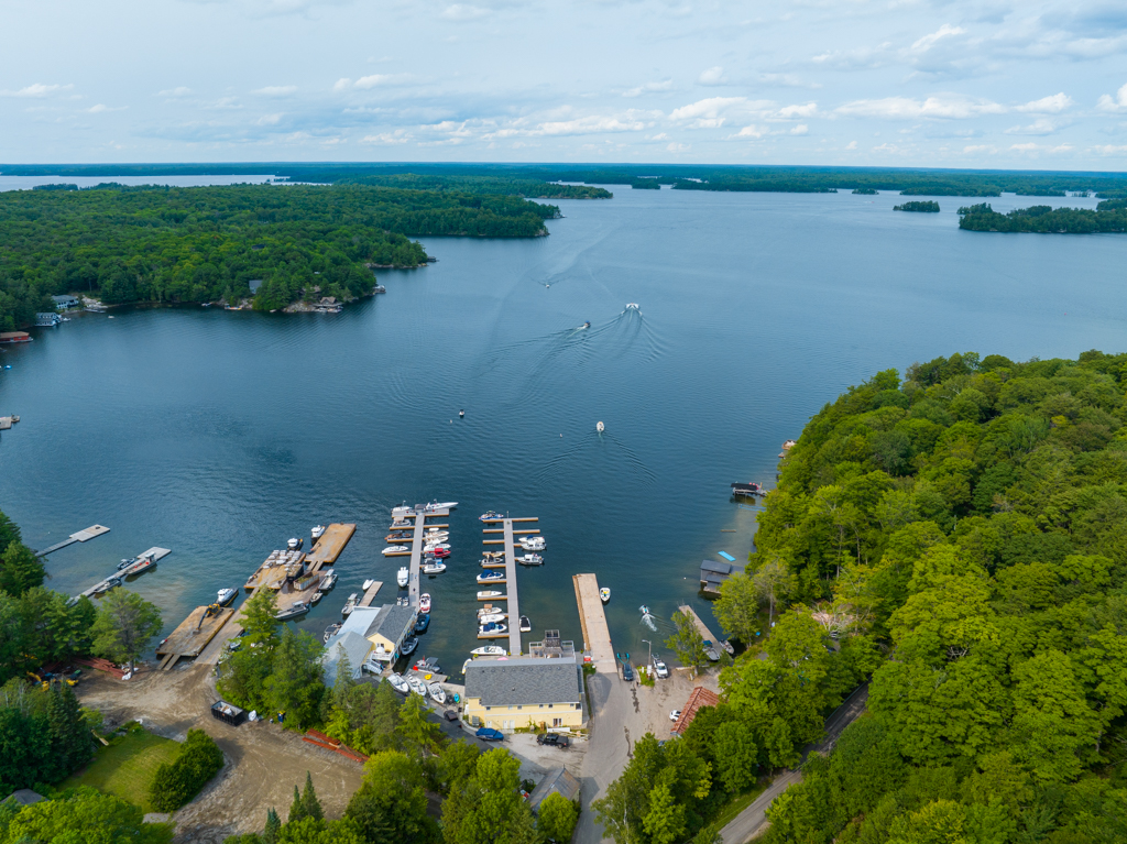 Overhead view of a busy marina in a blue lake, surrounded by green trees.