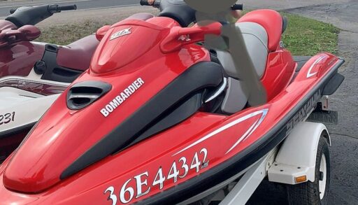 Red 2000 stolen PWC with ‘Bombardier 36E4432’ written on the side and ‘GTX Sea Doo’ in front of the steering handle.