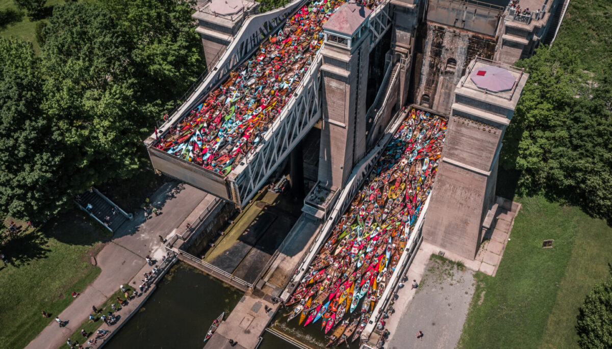 Overhead view of the Peterborough Lift Lock will two full tubs of canoes and kayaks during the Lock and Paddle event