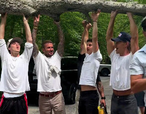 David Beckham and Austin Butler lift up a tree in Muskoka