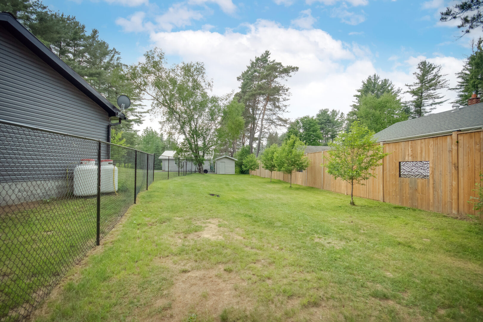 A narrow, grassy, fenced-in area.