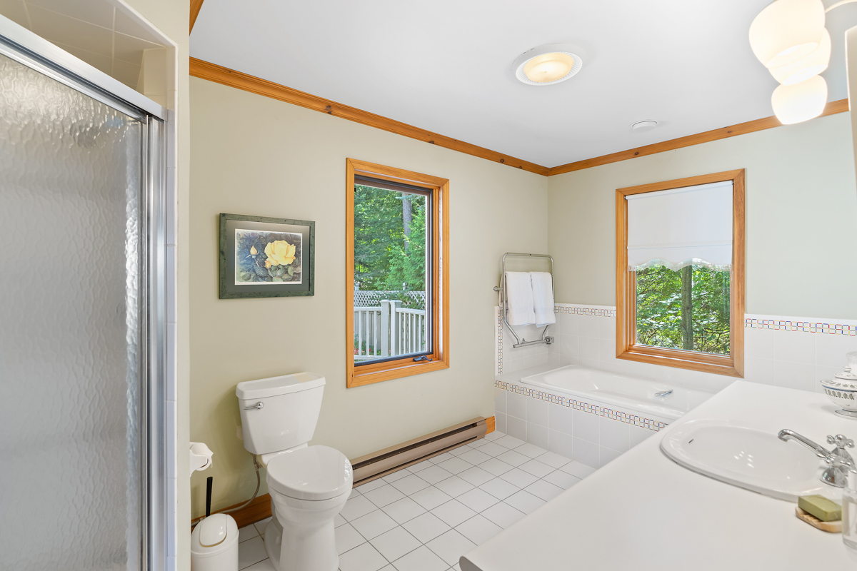 A big, bright bathroom with a toilet, a walk-in shower, and a bathtub.