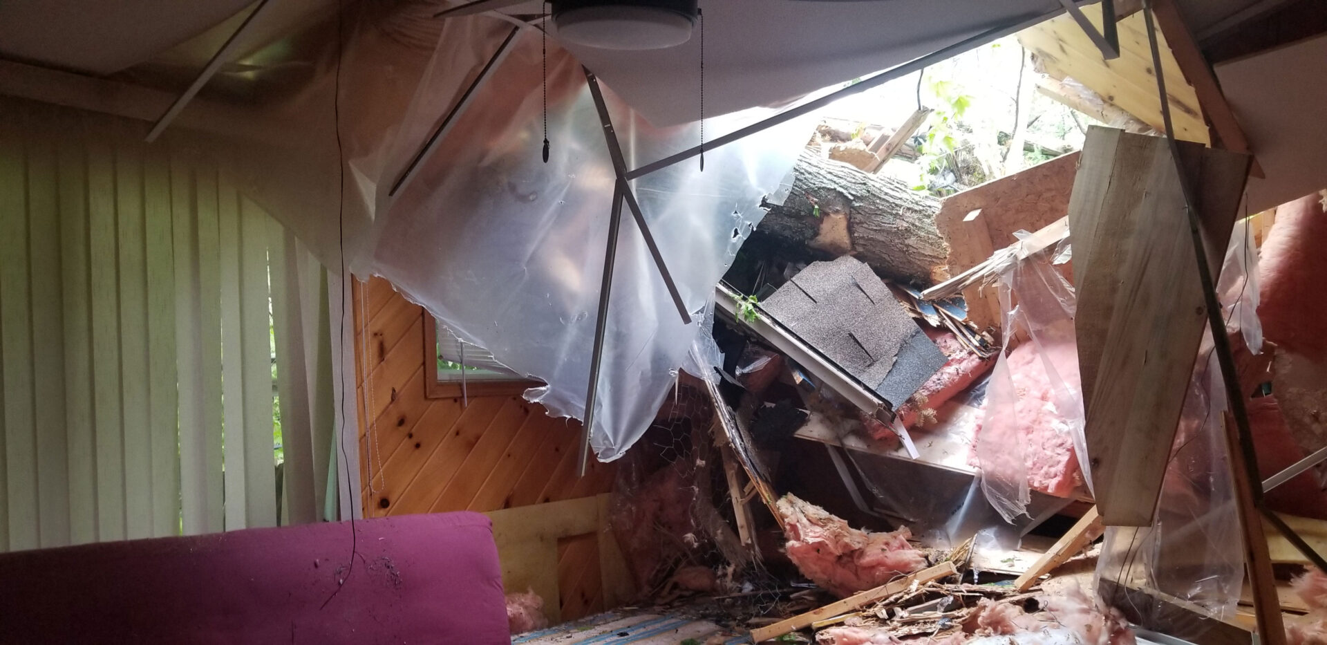 A tree crashed through the roof of the cottage