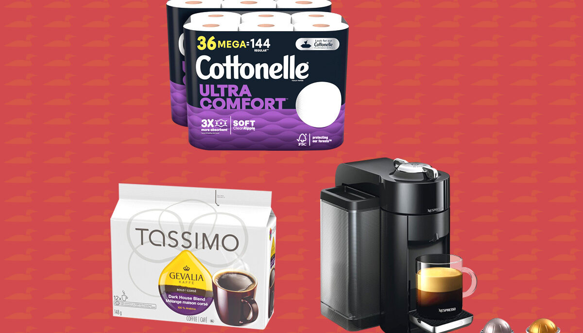 montage of coffee machine, pods and toilet paper