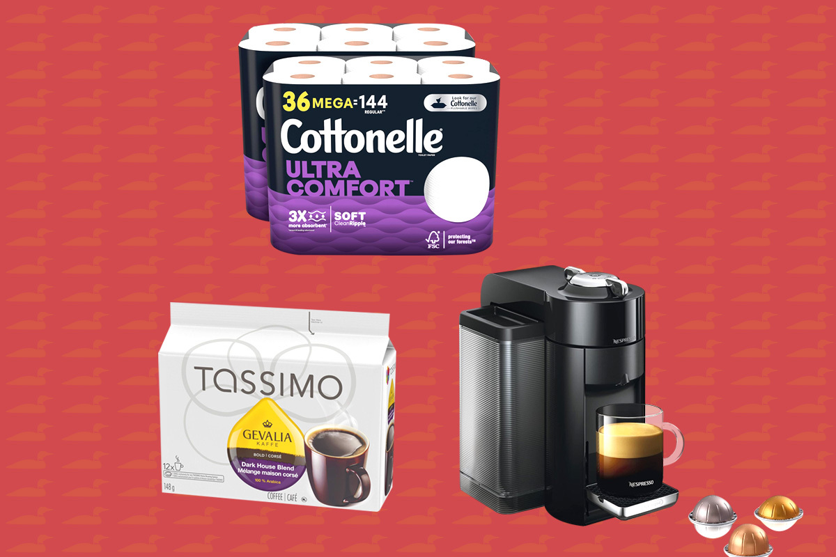 montage of coffee machine, pods and toilet paper