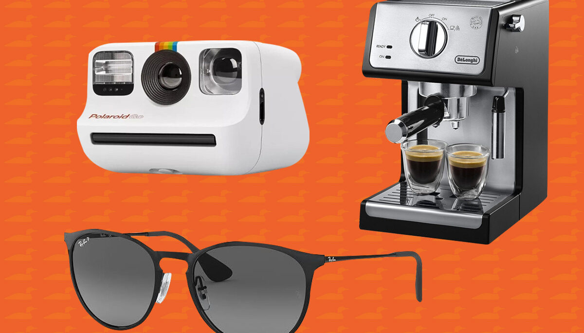 polaroid camera, ray bans and cappuccino maker