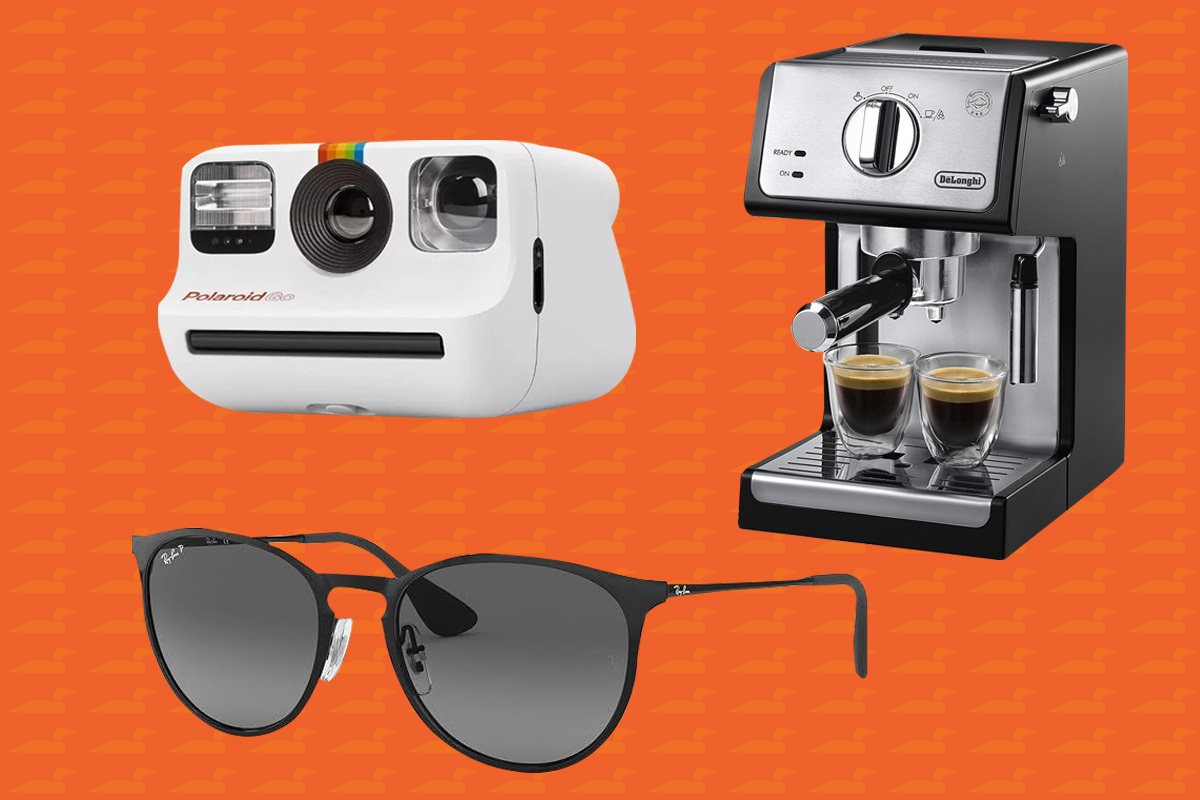 polaroid camera, ray bans and cappuccino maker