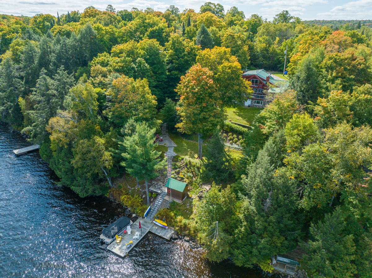 Overhead view of a cottage, surrounded by trees, with a dock extending into the lake.