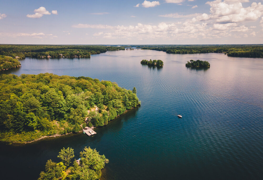 Aerial drone photo of Muskoka lake daytime, muskoka watershed