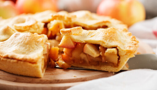 Close up of an apple pie on a counter