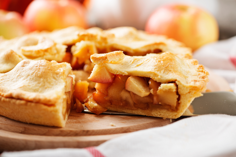 Close up of an apple pie on a counter