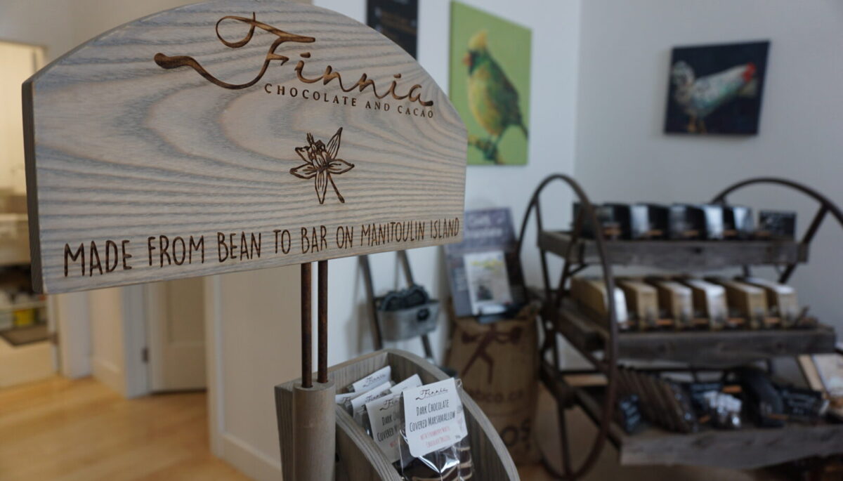 A sign inside Finnia chocolate shop on Manitoulin Island