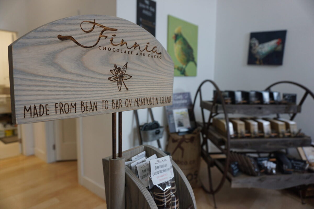 A sign inside Finnia chocolate shop on Manitoulin Island