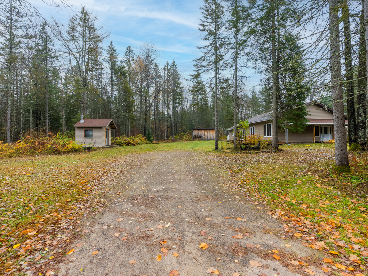 A wide gravel driveway leads to a rural property with a bungalow-style home.