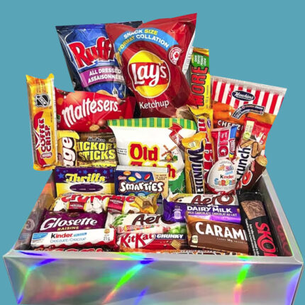 box of various Canadian chips and candy bars