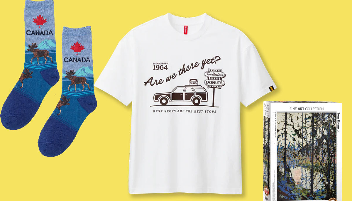 Canada moose socks, are we there yet t-shirt and a Tom Thomson puzzle