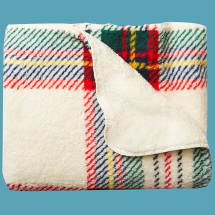 a tartan blanket against a blue background