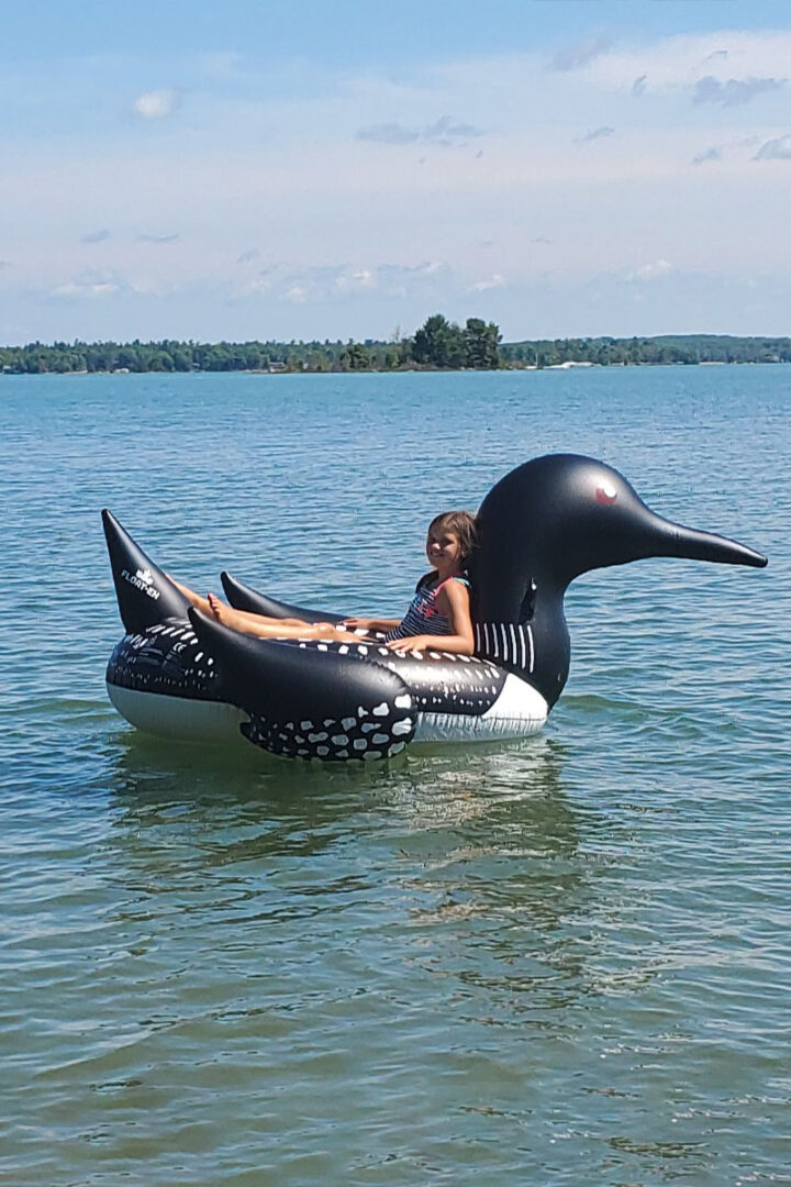 A kid on a giant inflatable loon playing and swimming on a lake in the summer.