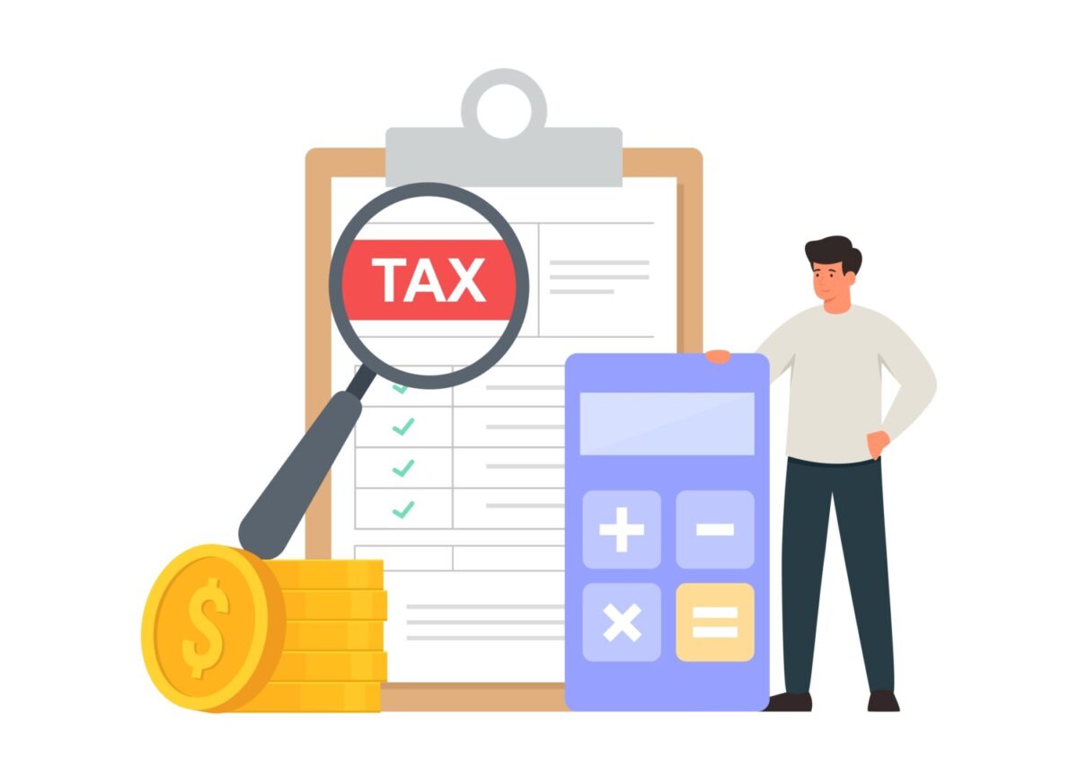 Tax return and calculator illustration