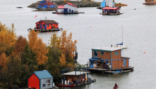 Autumn in Yellowknife, Northwest Territories of Canada. View to the House Boats in the Yellowknife Bay of the Great Slave Lake.