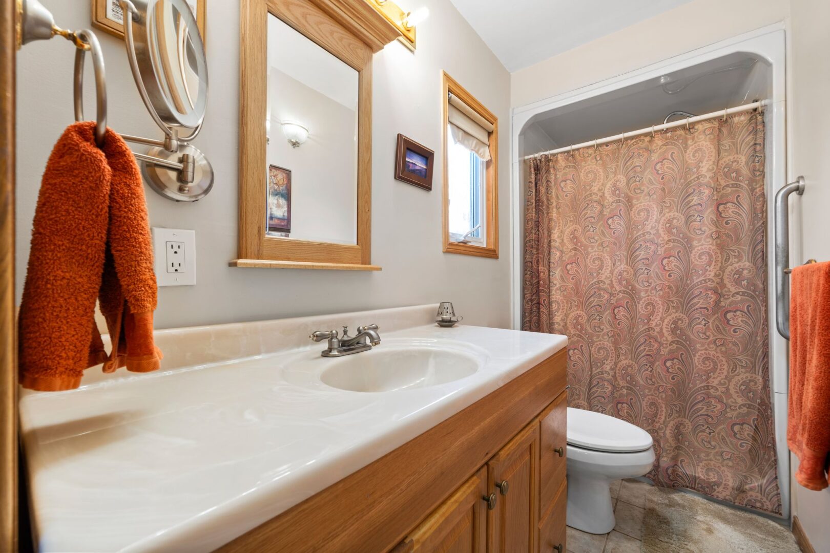 A narrow ensuite bathroom with a long counter, a sink, a toilet, and a shower.