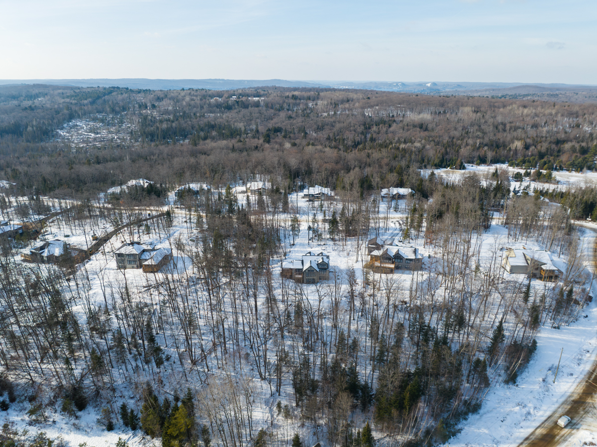 A few large houses stick out from behind bare trees in a rural area. There is snow on the ground.