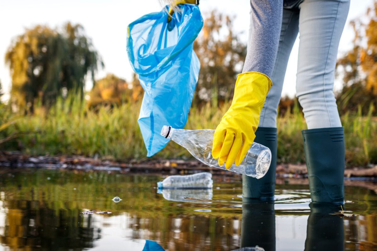 a person with a bag picking plastic out of a swampy area