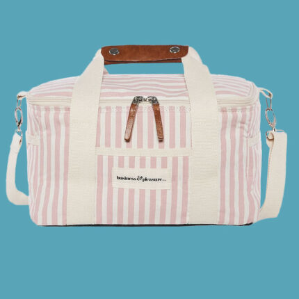 a pink striped cooler against a blue background