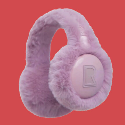 pink fluffy ear muffs against a red background