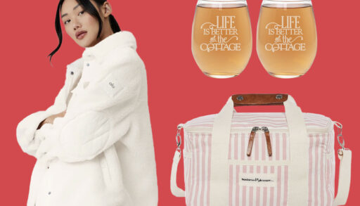 a girl wearing a sherpa jacket, two stemless wine glasses and a weekend bag against a red background