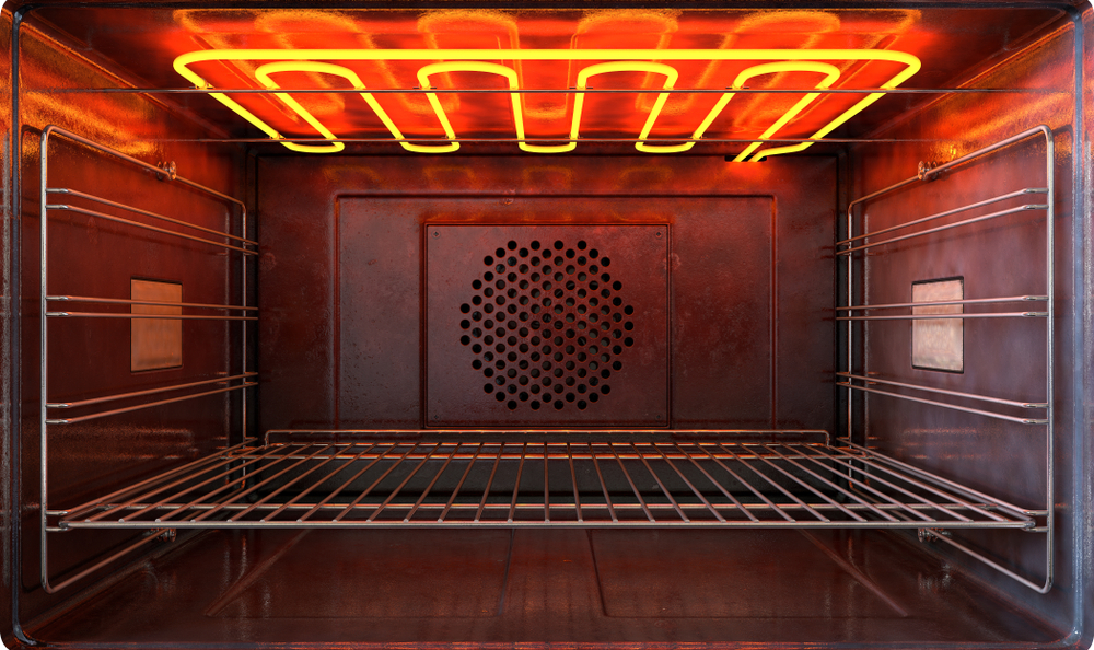 An up-close shot of the inside of an oven