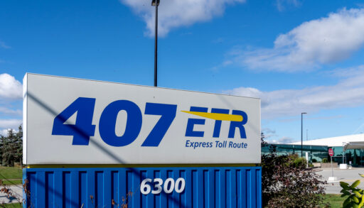ETR sign at 407 ETR Concession Company Limited Corporate office in Woodbridge, Ontario, Canada.