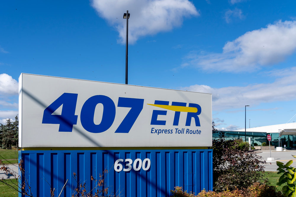 ETR sign at 407 ETR Concession Company Limited Corporate office in Woodbridge, Ontario, Canada.
