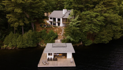 bird's eye view of the dock and cottage