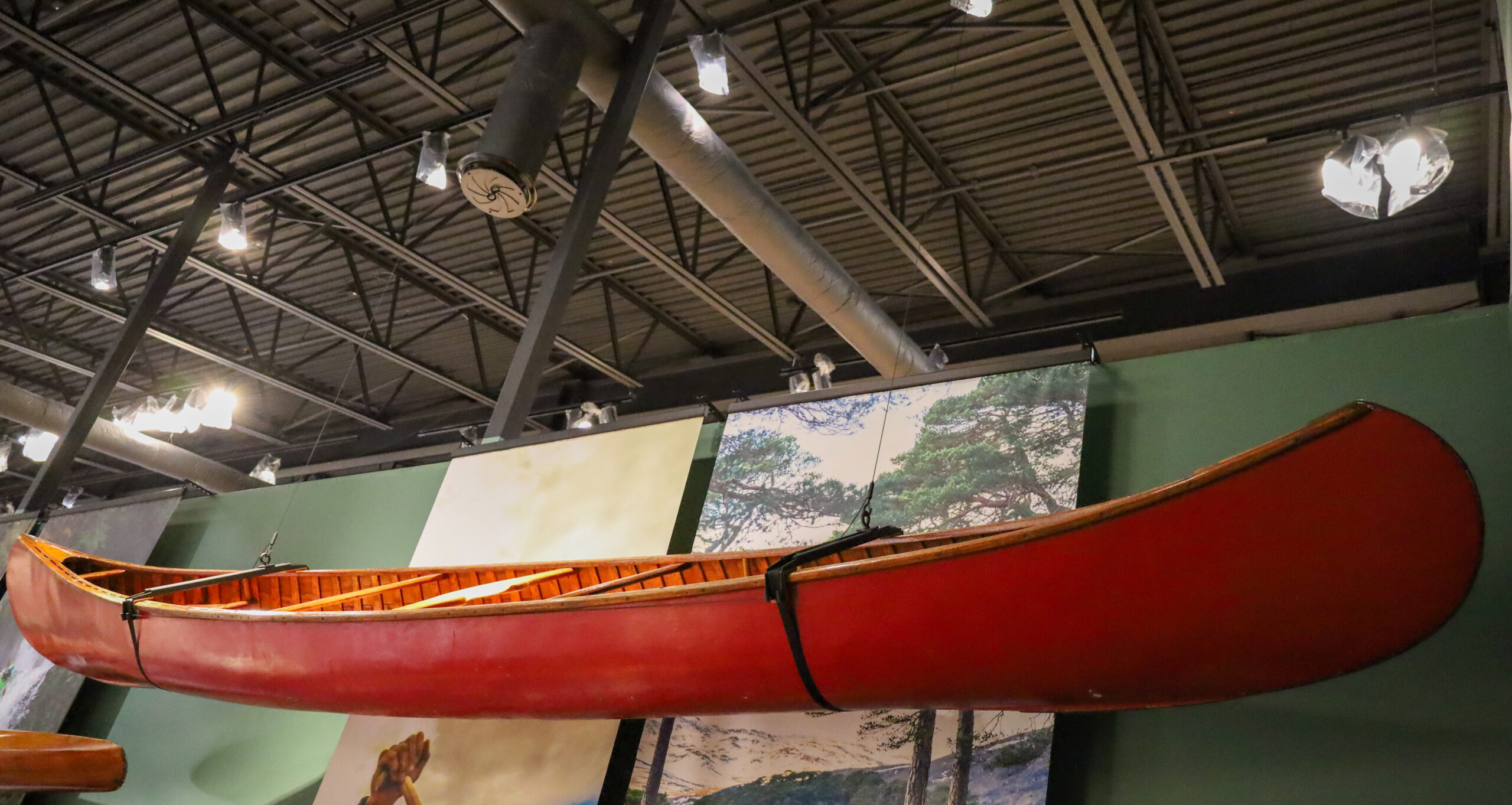 A red canoe on display
