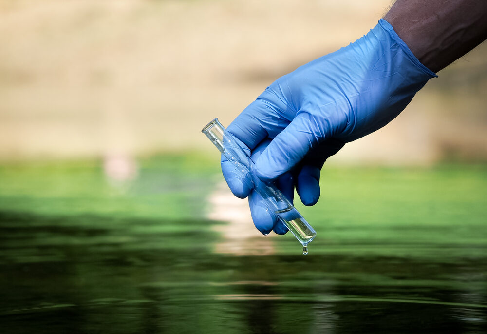 A blue-gloved hand holds a vial of water over green-tinted water.