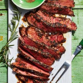 Sliced steak on a white plate with a small green bowl of spice