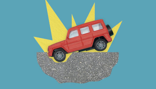 An illustration of a car falling into a huge pothole
