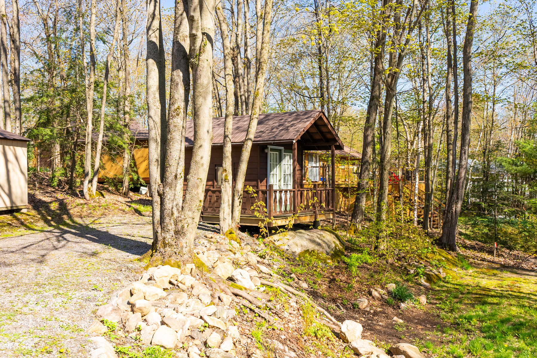 A small wooden cabin sits among trees on a cottage property.