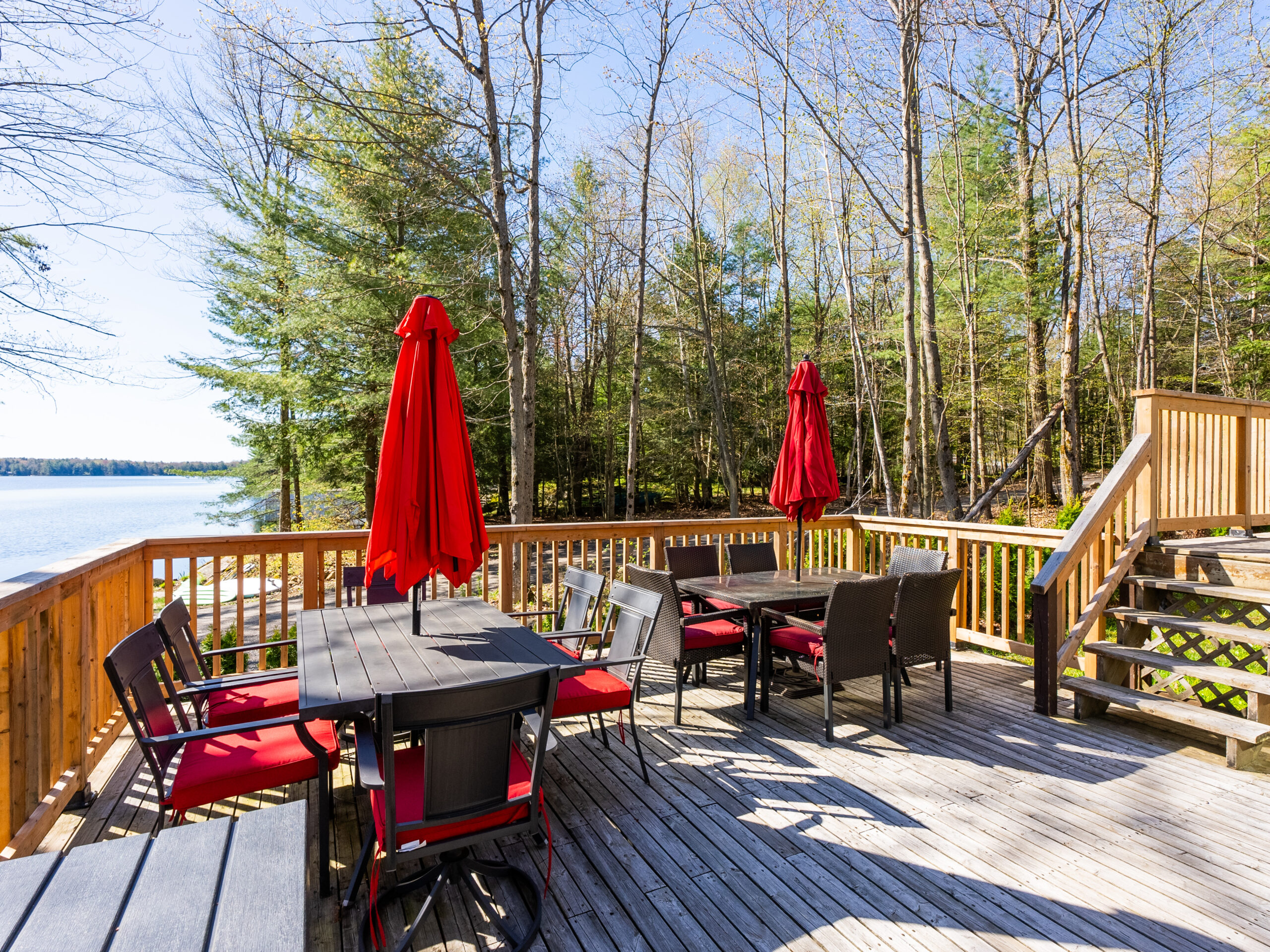 an outdoor patio set on a deck