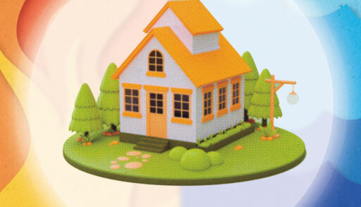 An illustration of a cottage on a round bed of grass floating in front of a design to represent fire and water