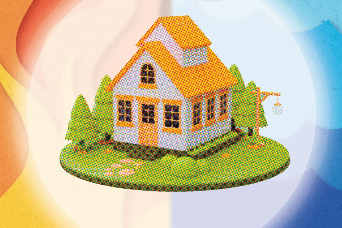 An illustration of a cottage on a round bed of grass floating in front of a design to represent fire and water