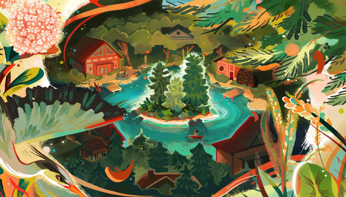 an colourful illustration with trees water and land