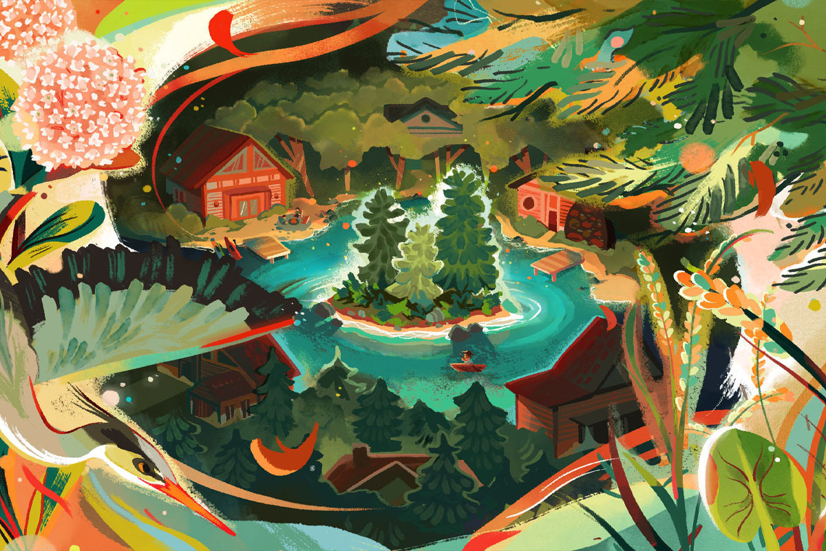 an colourful illustration with trees water and land