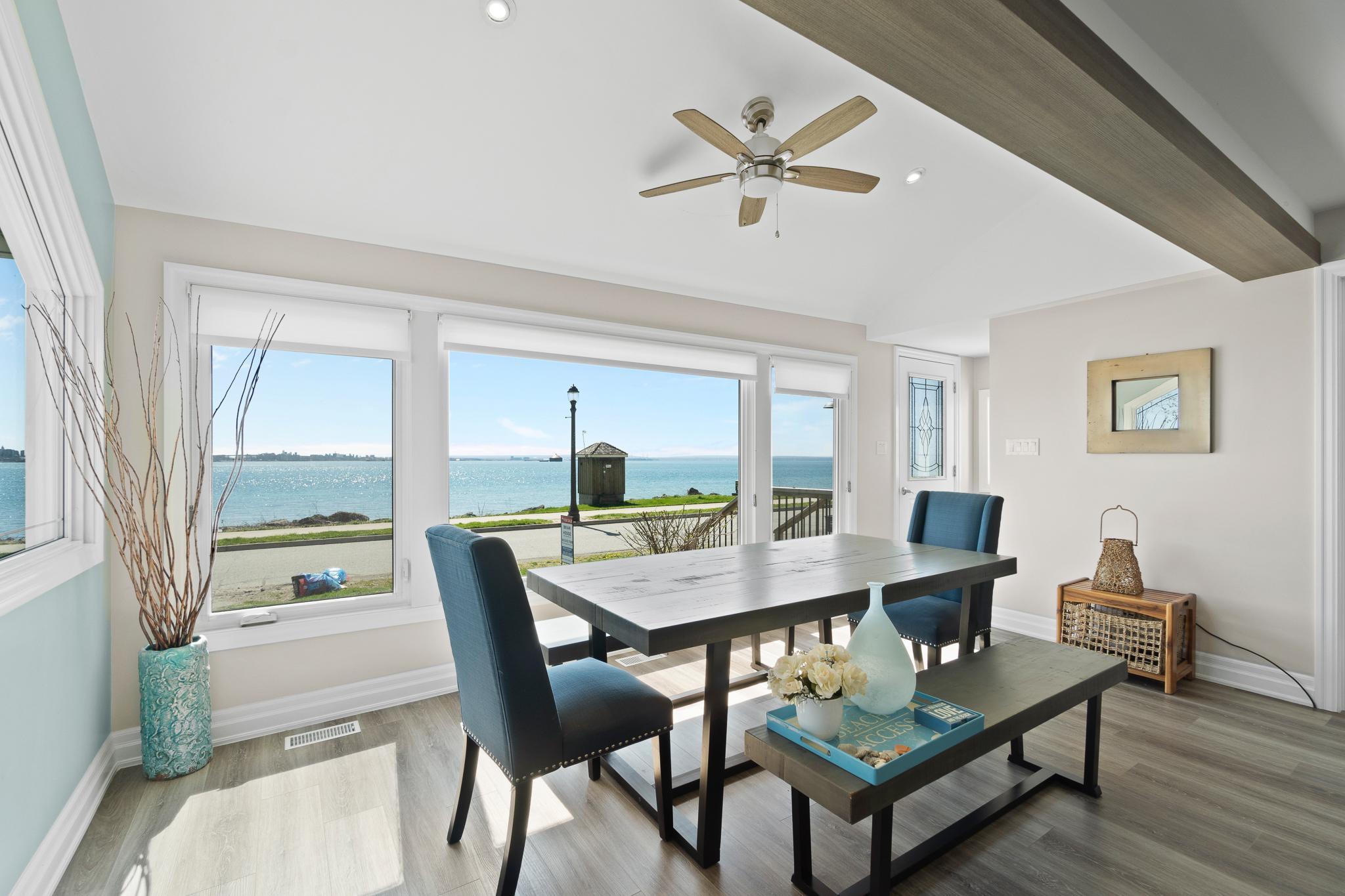 a dining room with a view