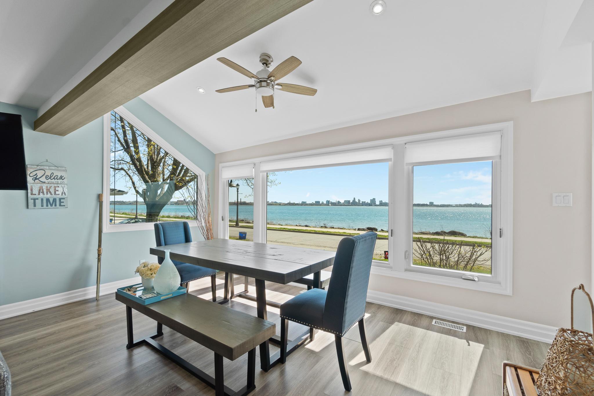 a dining room with a view