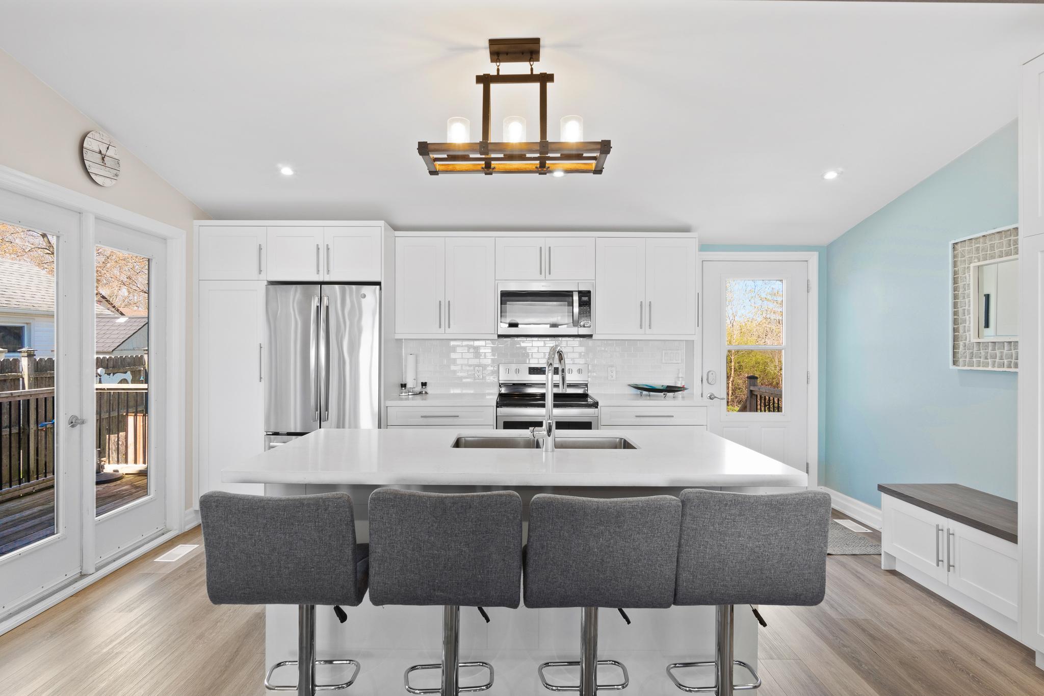 a kitchen island and bar stools