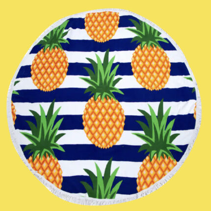 Round beach towel with blue and white stripes and yellow pineapples